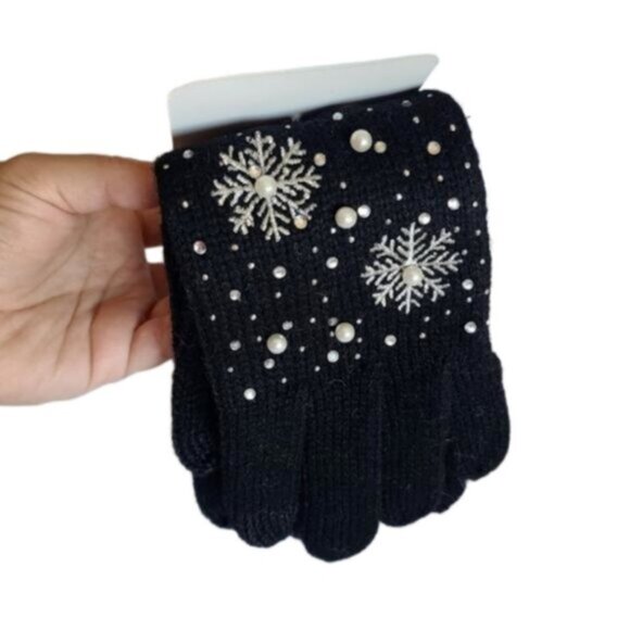 Women's Black Cable Knit Embroidered Pearl Snowflake Winter Touchscreen Gloves - Picture 3 of 6